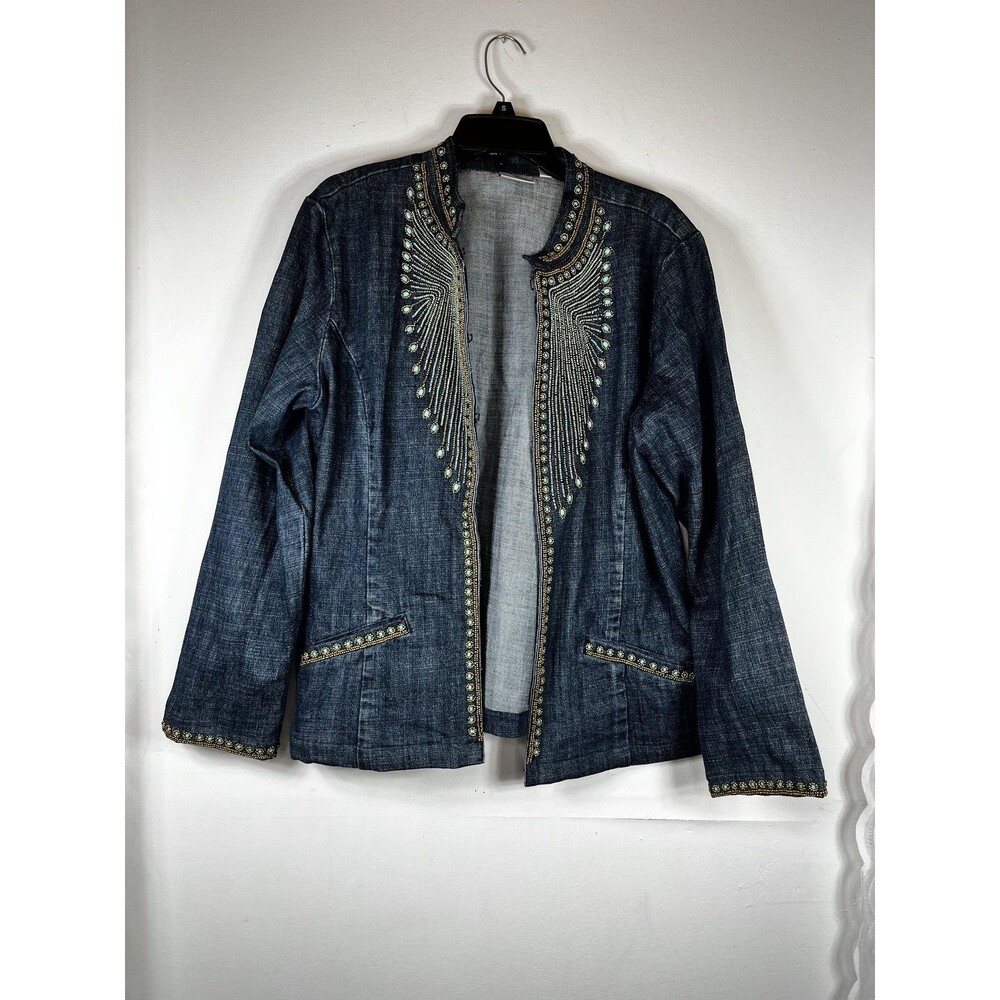 Chico's Jacket Womens Size XL 3 Blue Denim Beaded Open Front Collarless Boho